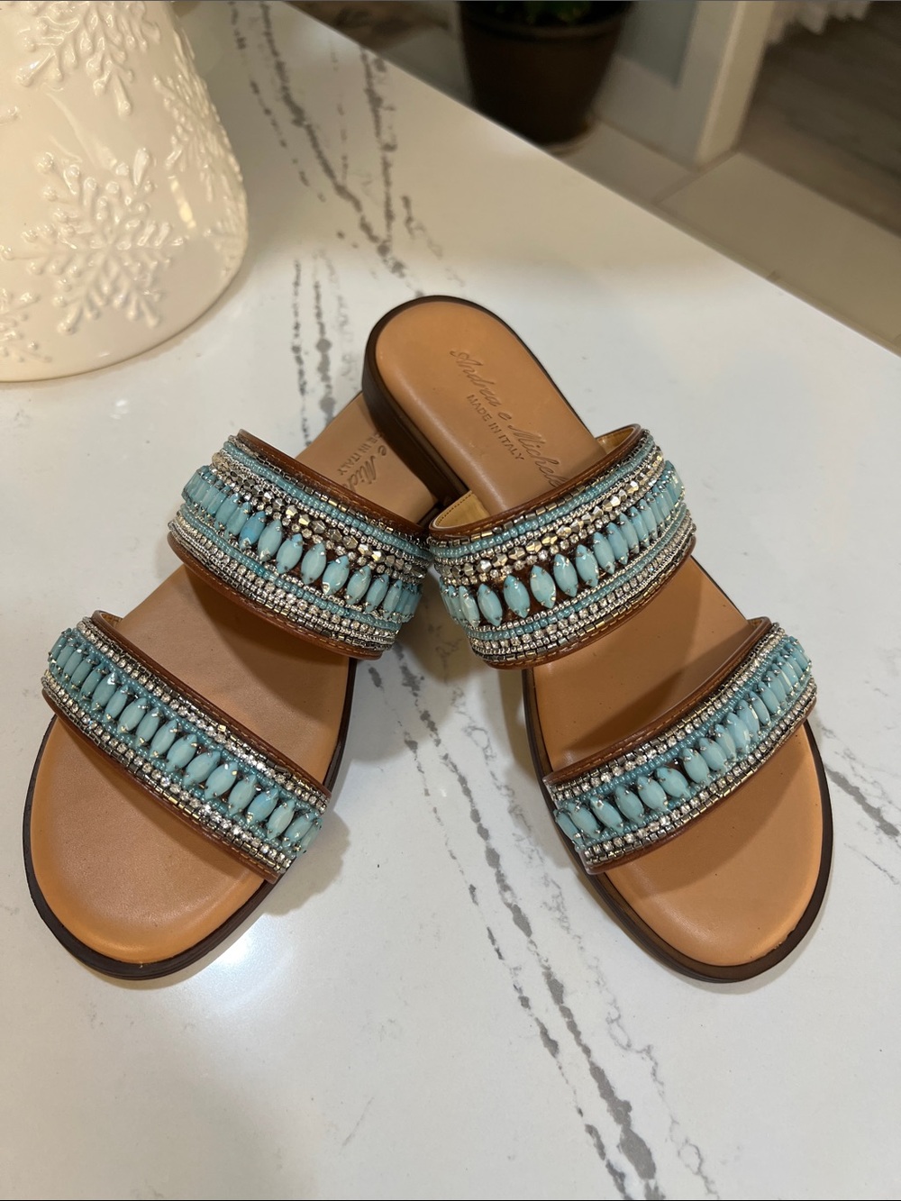 Andrea e Michele Jeweled Double Strap Sandals Turquoise Size 6.5 Made in Italy